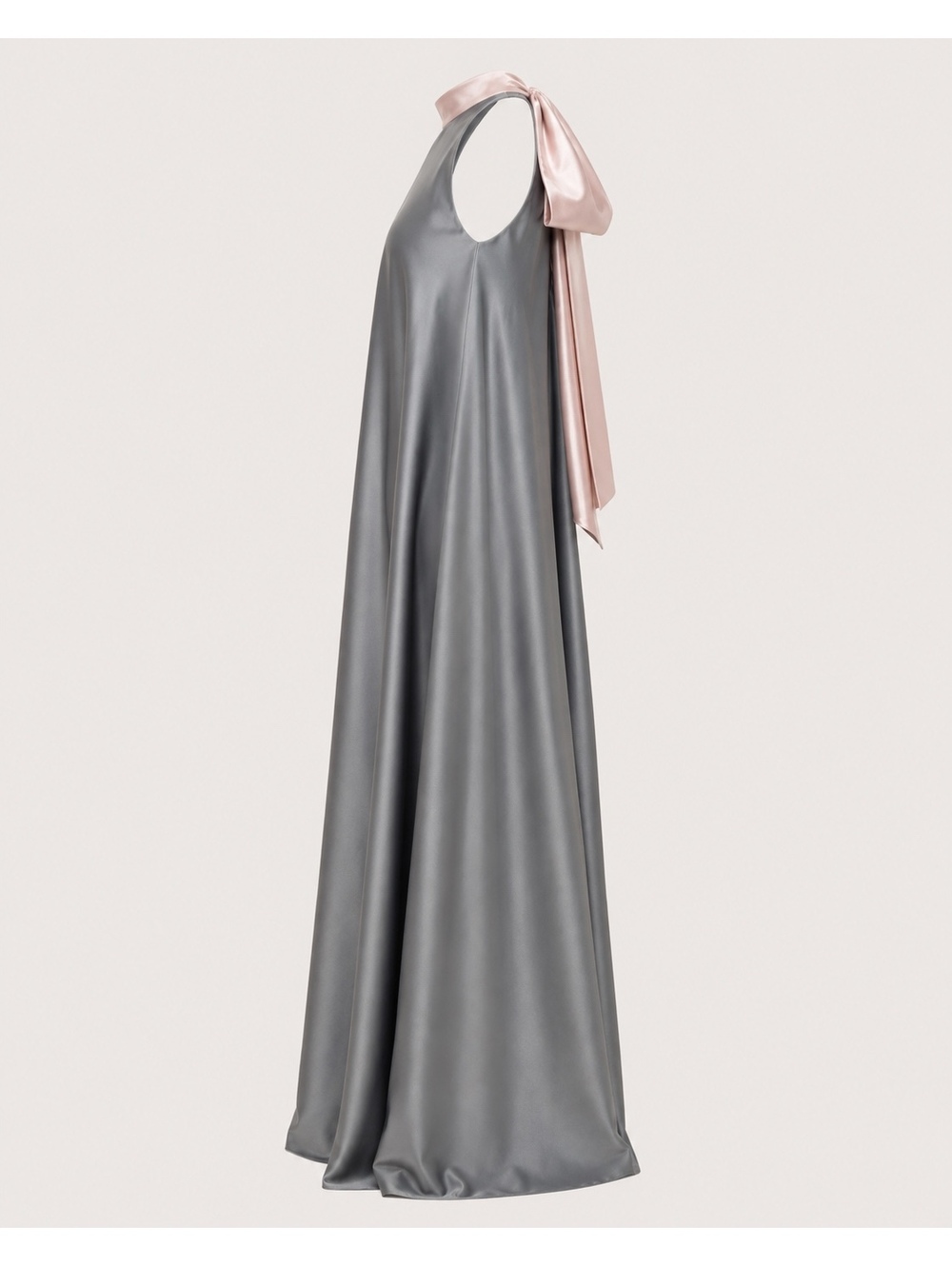 Charcoal High Neck Blush Bow Back Satin Formal Maxi Dress - Picture 6 of 9